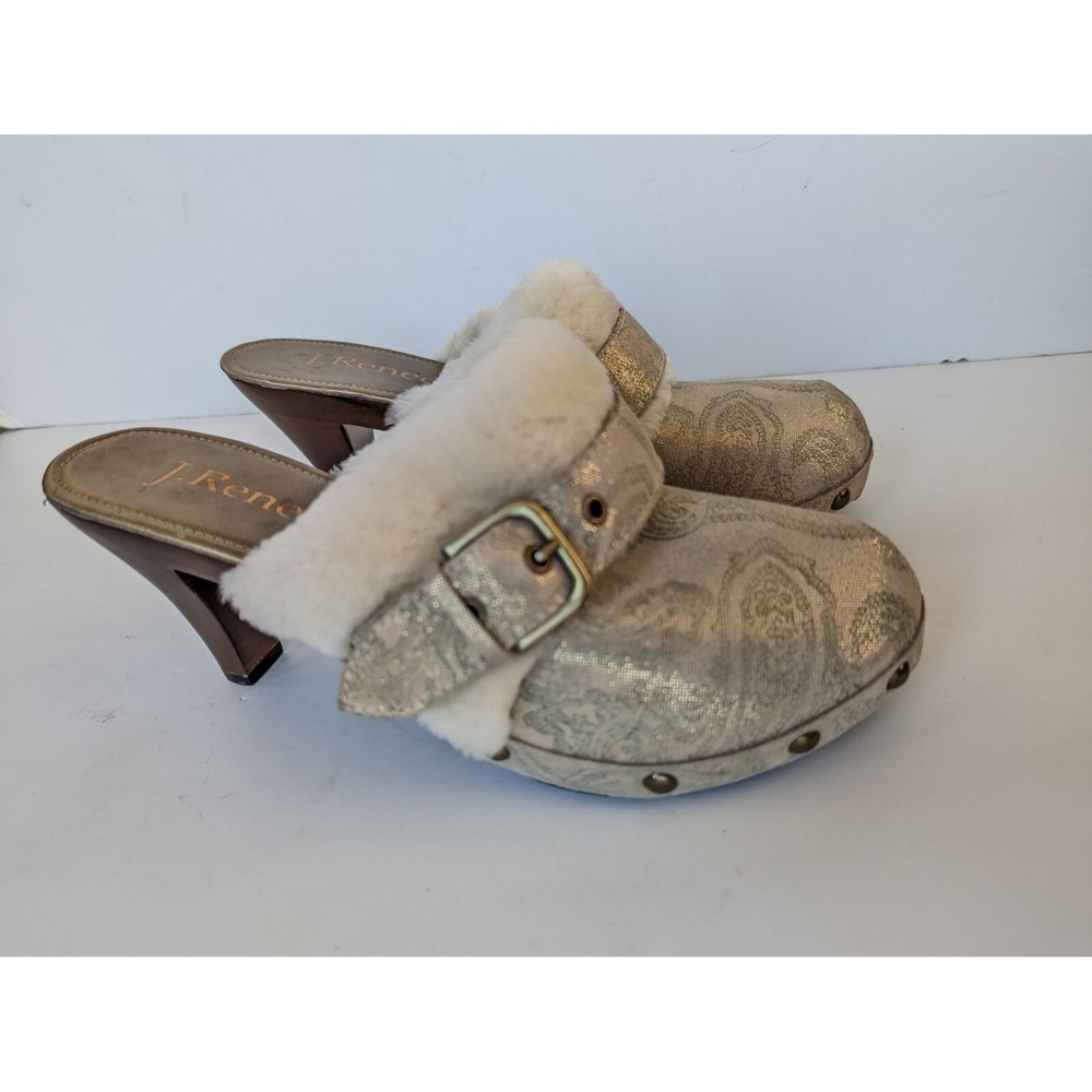 J.Renee' Clogs Fur Mule  Wooden Heel Women's Sz 9.5 M Textile Upper